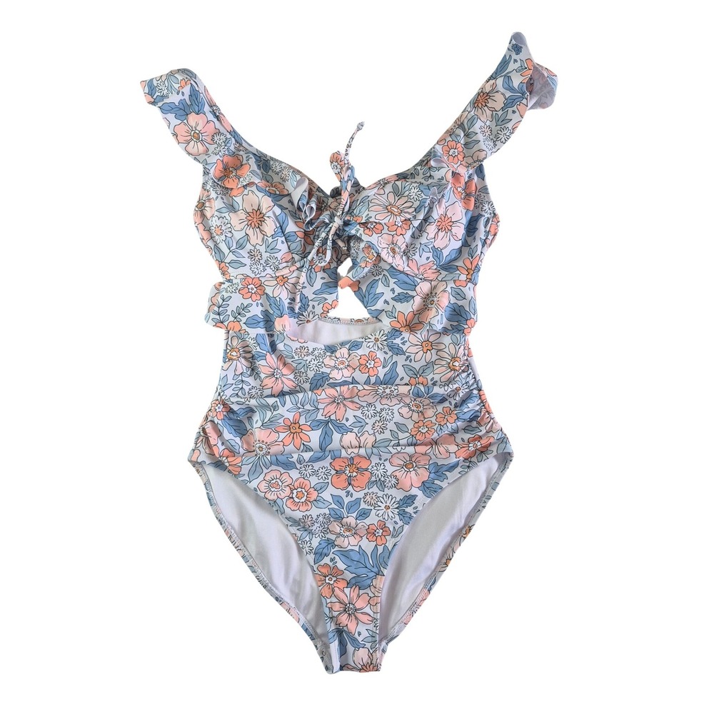 Eomenie Floral Ruffle One Piece Swimsuit‎ Blue Peach Cutout Size Small